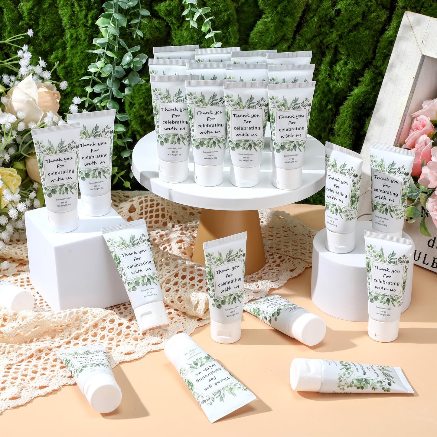 Dansib 48 Pcs Travel Size Mini Sunscreen Bulk for Summer Vacation Spf 30 Water Resistant Sunscreen Lotion Sunblock for Thank You Gifts Hawaiian Wedding Pool Party Favor (Leaf)