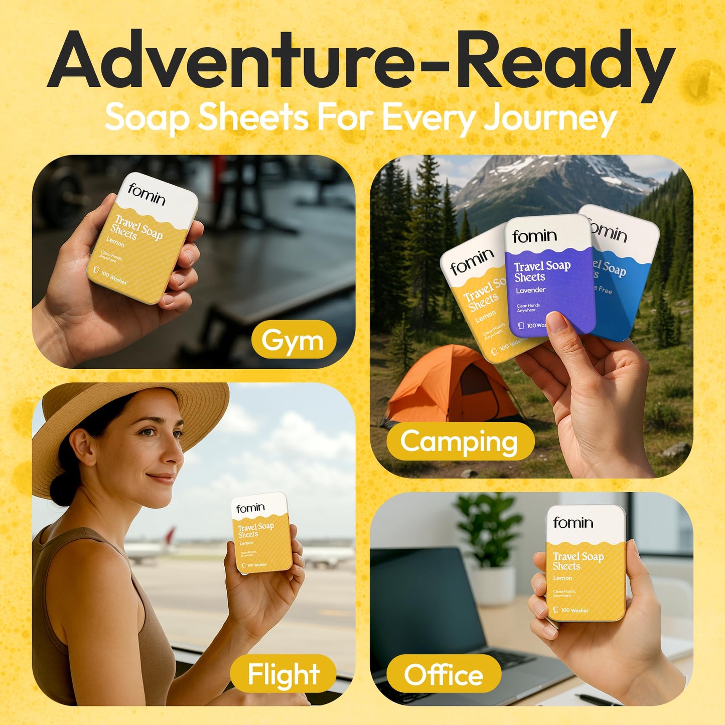 FOMIN - Paper Soap Sheets for Traveling - 100 Lemon Portable Camping Soap Sheets for Travel in Tin - Dissolvable Mini Portable Travel Soap Sheet for Hand Washing