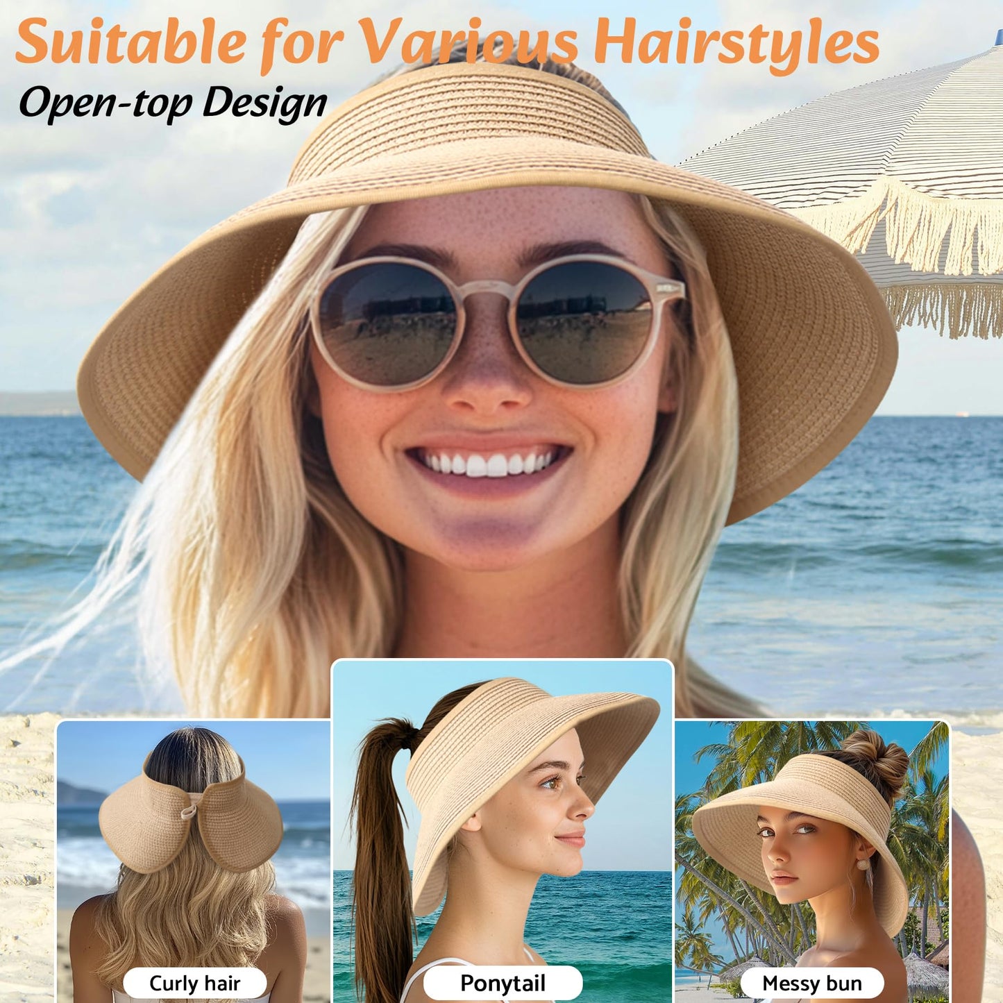 NPQQUAN Sun Visor Hats for Women Wide Brim Ponytail Straw Beach Hat Packable Foldable UPF 50+ Floppy Travel Hats Black