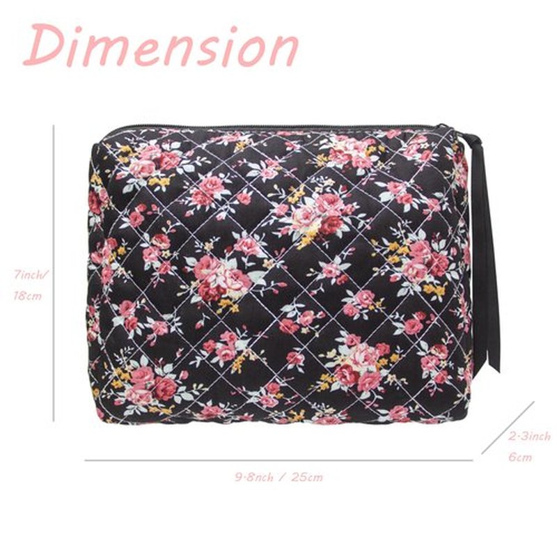 PAZIMIIK Cotton Makeup Bag for Women Large Quilted Travel Cosmetic Pouch Girls' Make Up Organizer,Rose Black