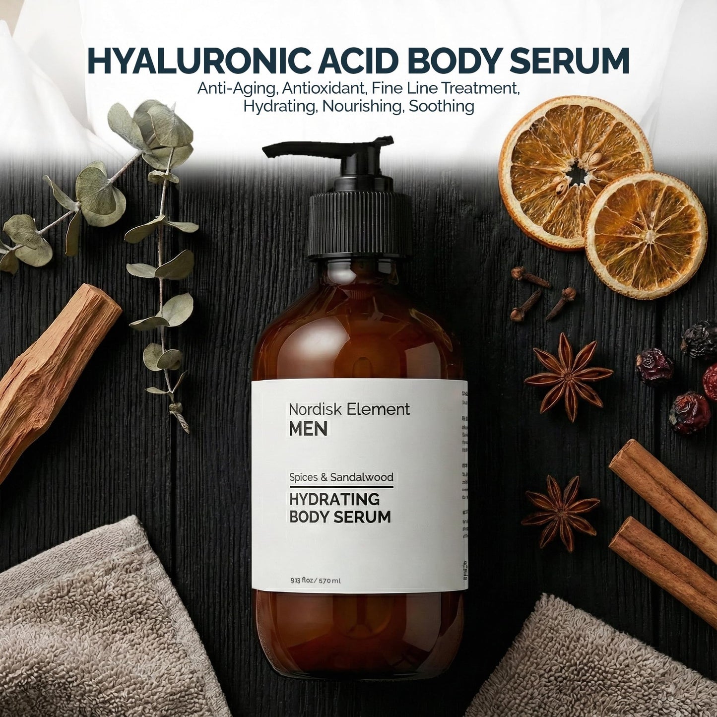 Nordisk Element Body Serum for Men, 9.13 Fl Oz | Lightweight & Instant Hydrating Serum with Hyaluronic Acid, Antioxidants & Nordic Botanicals | Vegan, Spices & Sandalwood Scent