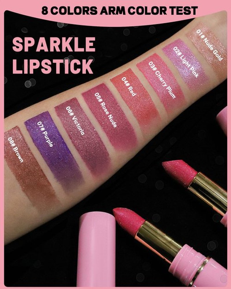 Glitter Metallic Cherry Plum Shimmer Lipstick Long Lasting, High Shine Glitter Diamond Creamy Red Lipstick Transfer Proof Non-Stick Lip Gloss Shimmer High Impact Full Coverage Lip Makeup for Women-03