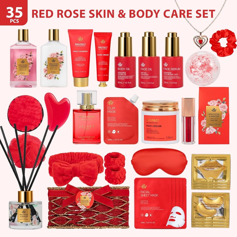 35-Piece Mother's Day Gift Basket - Red Rose Bath & Body Spa Set for Women | Face Care Kit, Diffuser, Necklace