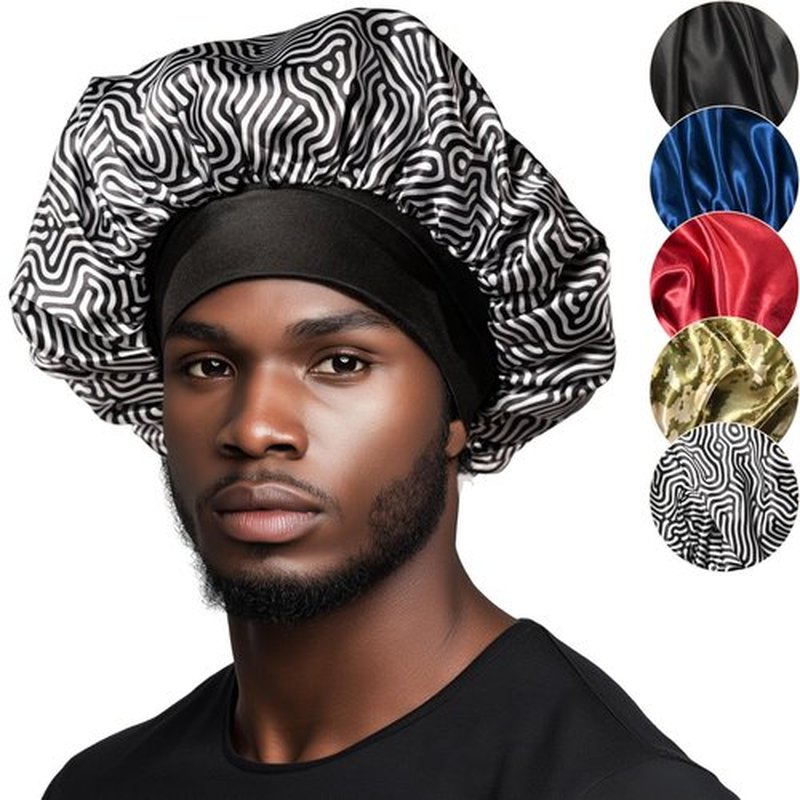 Niagara Satin Bonnet Men - Black & White Bonnet for Sleeping Men - Reversible Night Cap - Mens Bonnet for Curly Hair - Large Bonnet with Double Layer