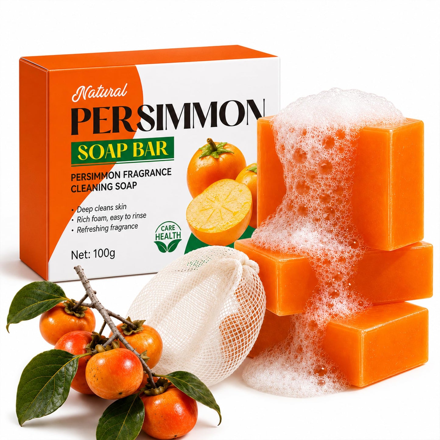 Persimmon Soap for Old People Smell, 3 Pack with Foaming Net, 100g