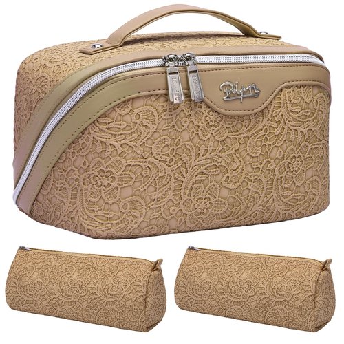 Travel Makeup Bags Cosmetic Organizer Bag: 3-Set Large Capacity Make up Bag - PU Leather Toiletry Bag for Women - Wide Open Portable Pouch with Divider & Handle (03-Straw Yellow)