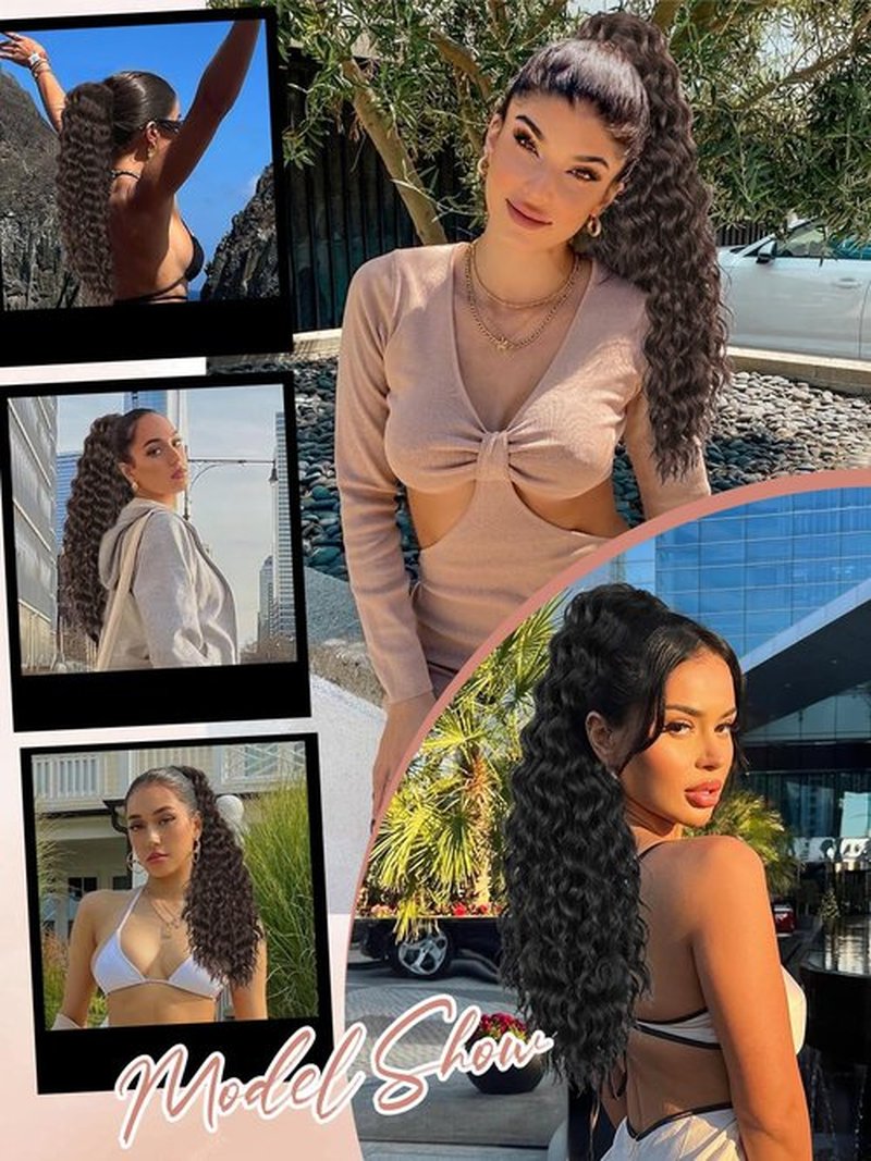 SUZYACCKR Wavy Curly Ponytail Extension, Black Short Soft Natural Synthetic Hairpiece Thick Drawstring Ponytail for Black Women For Daily Use（22 inch）