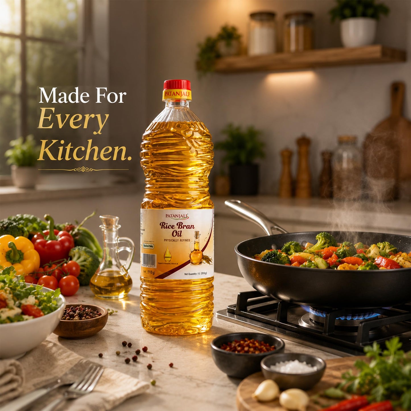 Patanjali Rice Bran Oil, 1 Liter (33.82 fl oz) – Refined Cooking Oil for Everyday Indian & Asian Cooking, Neutral Flavor