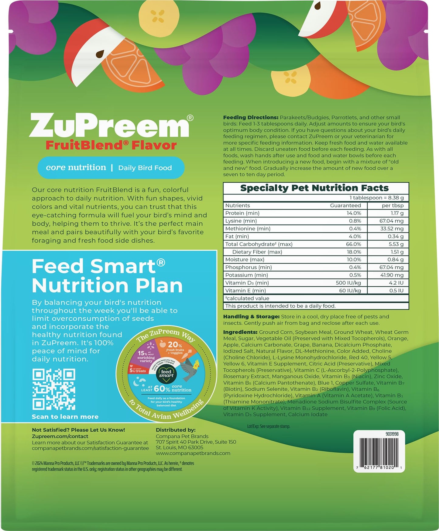 ZuPreem FruitBlend Bird Pellets, Daily Bird Food for Parakeet, Budgie, Parrotlet, Dove, Core Nutrition for Small Birds, Made in USA, Parakeet & Budgie Food (S, 2 lbs)