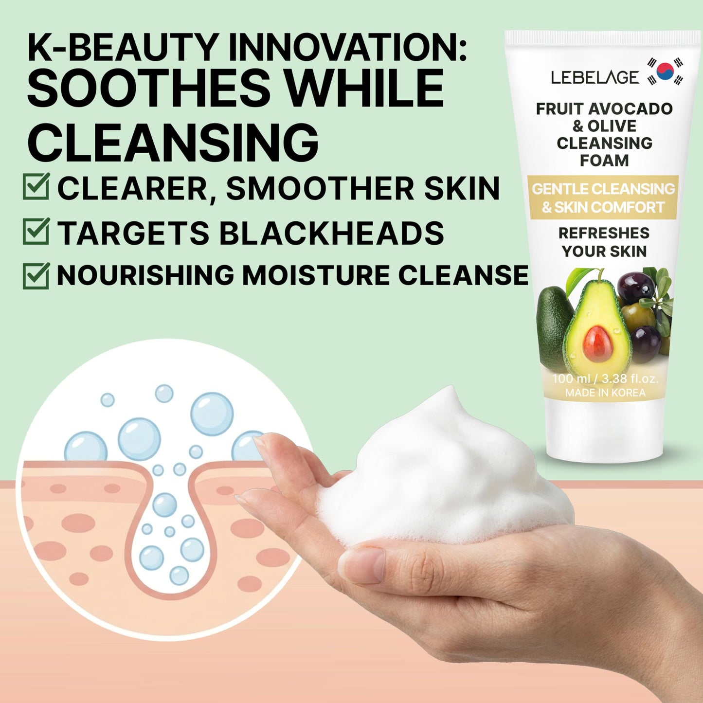 LEBELAGE Korean Avocado&Olive Facial Cleanser 3.38 oz | Cleansing Foam Face Wash | Low pH Gentle Hydrating Daily Facial Cleanser Sensitive Skin | Deep Cleansing Foaming Cleanser, Pore Care