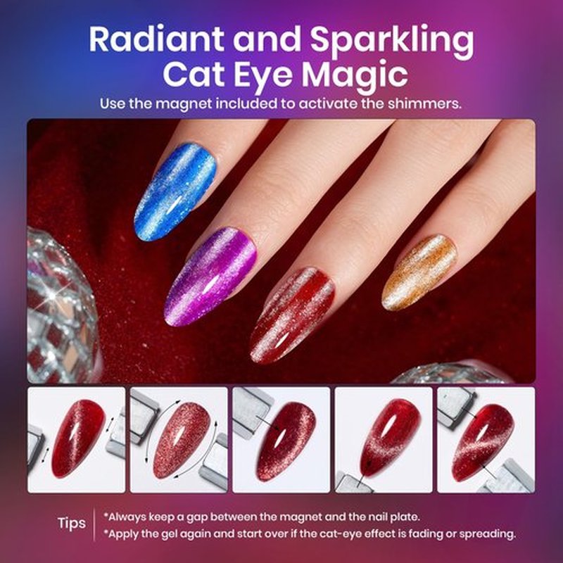 Beetles Cat Eye Gel Nail Polish, 6 Colors Glitter Red Green Blue Purple Gold Cat Eye Shimmer Gel Polish, Soak Off Sparkle Stunning Velvet Nail with Magnet Nail Art Salon Home Gift for Women Girls