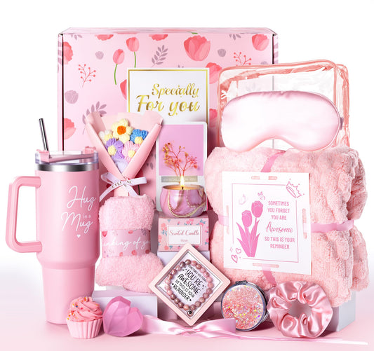 15 Pcs Get Well Soon Gift Baskets for Women, Mother's Day & Birthday Gifts for Mom, Wife, Friend, Care Package with Soft Blanket & Insulated Tumbler, Rose Pink