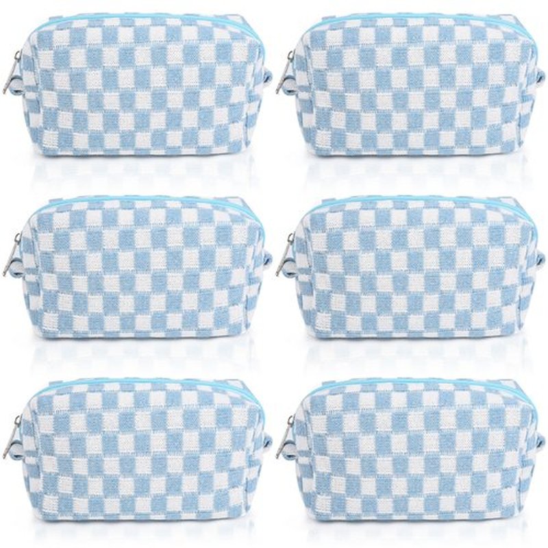 SOIDRAM Checkered Makeup Bag Preppy Cosmetic Bag Bulk Blue Makeup Pouch Personalize Travel Toiletry Bag Organizer Cute DIY Makeup Brushes Storage Bag for Women