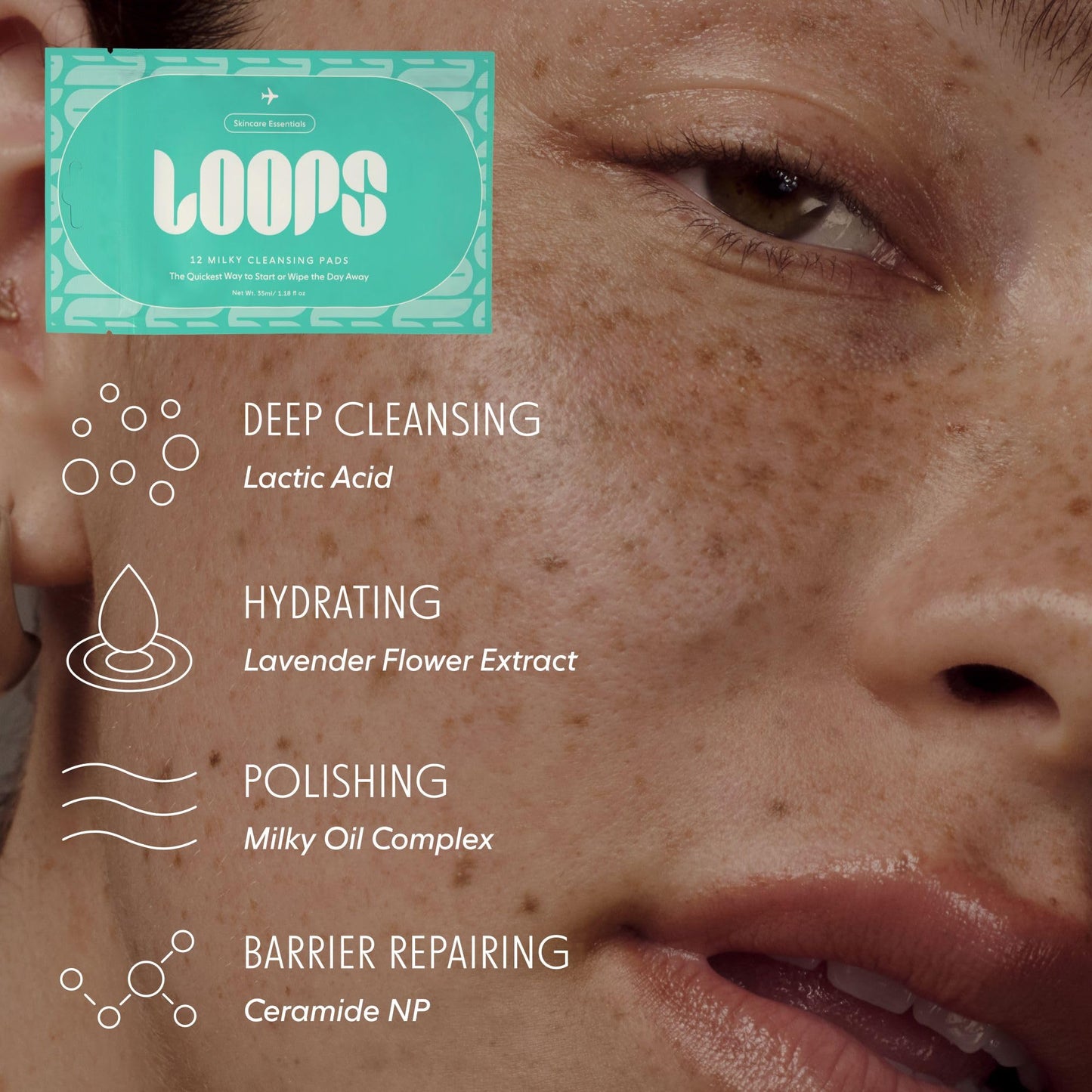 LOOPS 4-Step Korean Skincare Essentials Kit with 12 Travel Vegan, Natural, Biodegradable Gentle Skincare Pads Each - Moisturizer, Toner, Peptide, and Milky Cleanser - Pre-soaked Bamboo Pads - 48