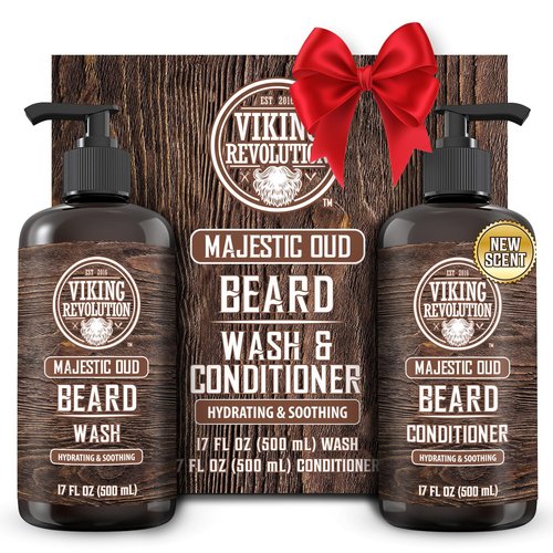 Viking Revolution Beard Wash and Beard Conditioner for Men with Argan Oil and Jojoba Oil - Beard Softener and Strengthener Beard Care Beard Shampoo and Conditioner with Beard Oil (17oz, Majestic Oud)