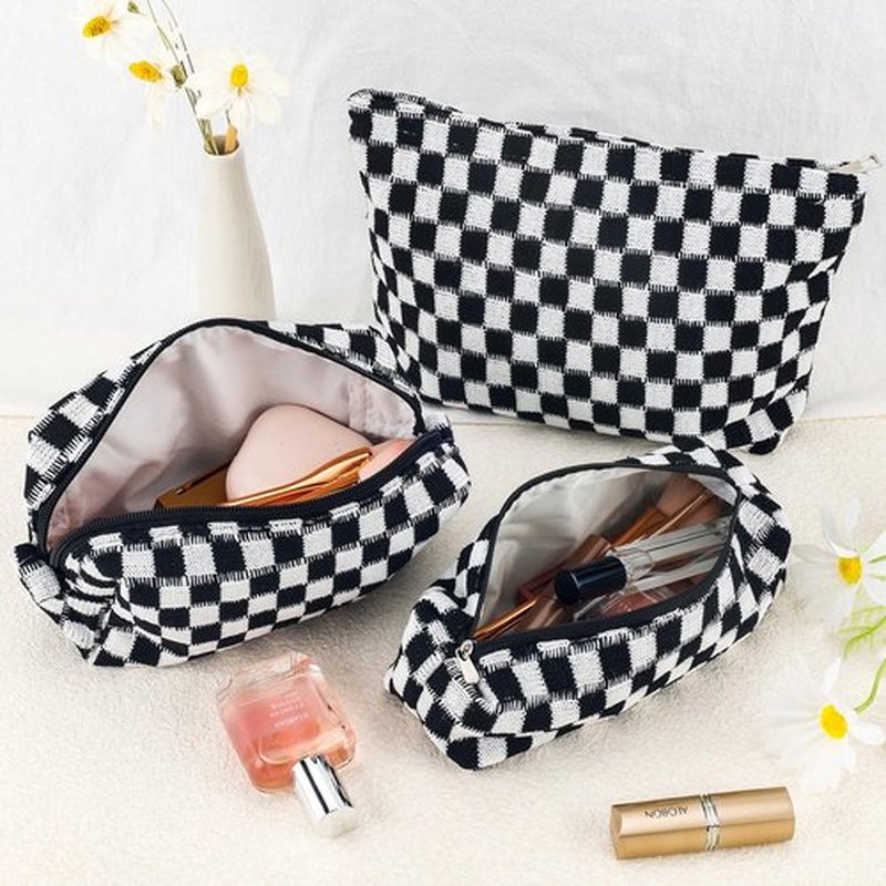 ZLFSRQ 3Pcs Checkered Makeup Bag for Women Large Cosmetic Bag Set Travel Toiletry Bag Makeup Pouch Bag for Purse Black Zipper Storage Bag Organizer Cute Small Aesthetic Girls Car Essentials Bag