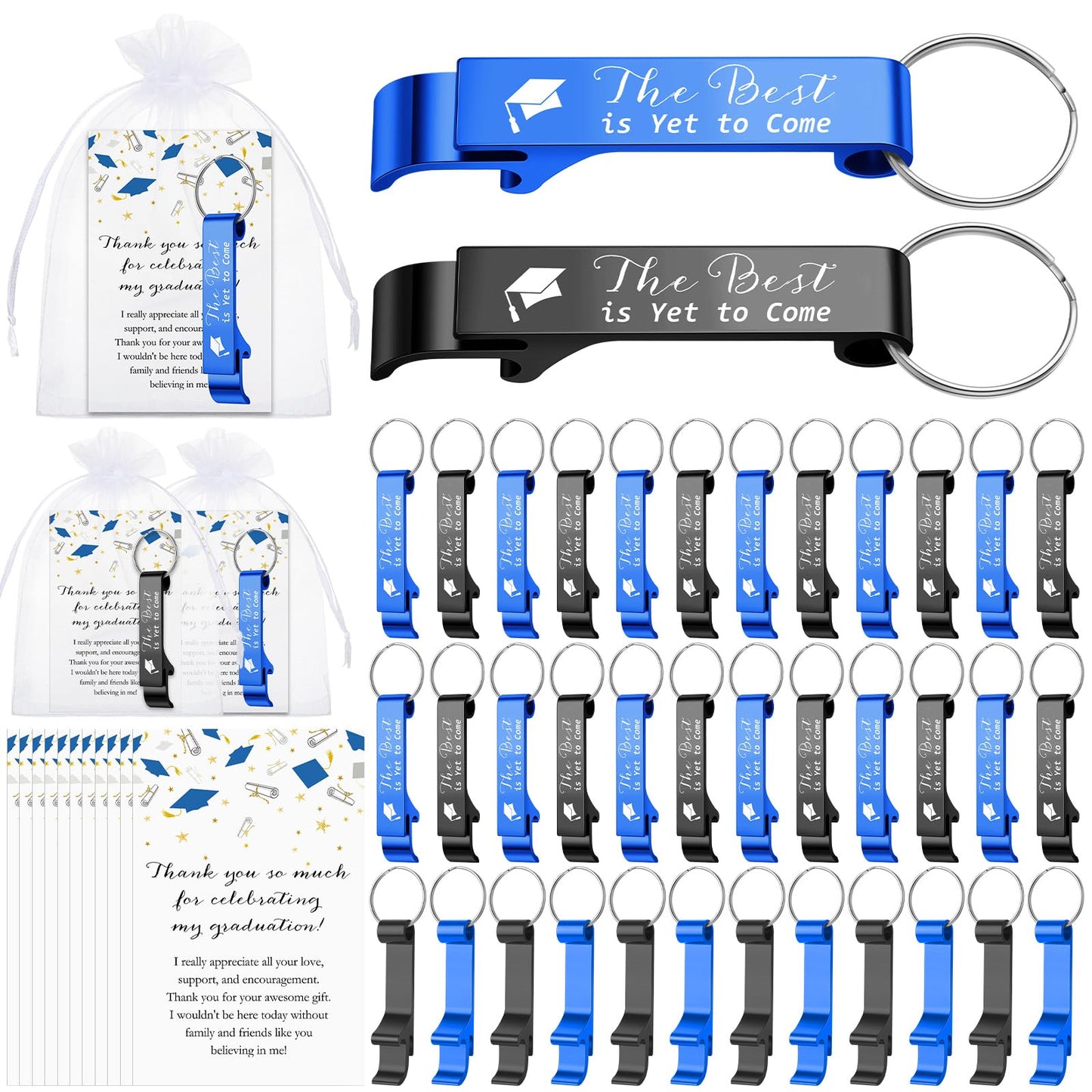 Jingmore 50 Sets Graduation Party Favors Bulk Class of 2026 Graduation Gifts Grad Cap Bottle Opener Keychain with Thank You Cards Class of 2026 Reunion Souvenirs Favors for Guests (Blue,Black)
