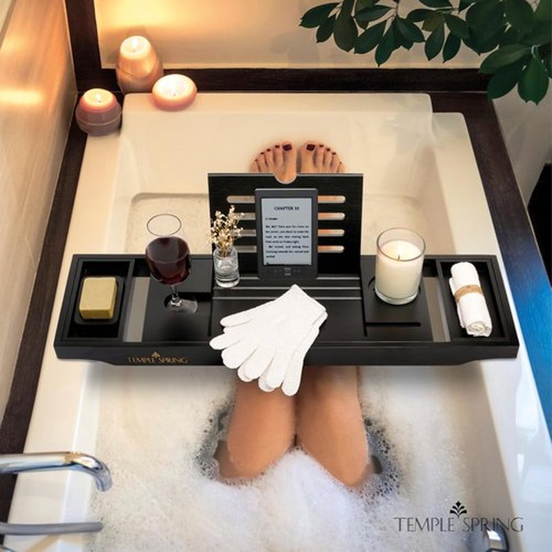 Temple Spring Bathtub Caddy Tray - Extendable Bath Tray for Bathtub with Candle, Wine Glass, Book, Pad & Phone Holders - Adjustable Bathtub Tray Over tub w/Bathroom Accessories - Black