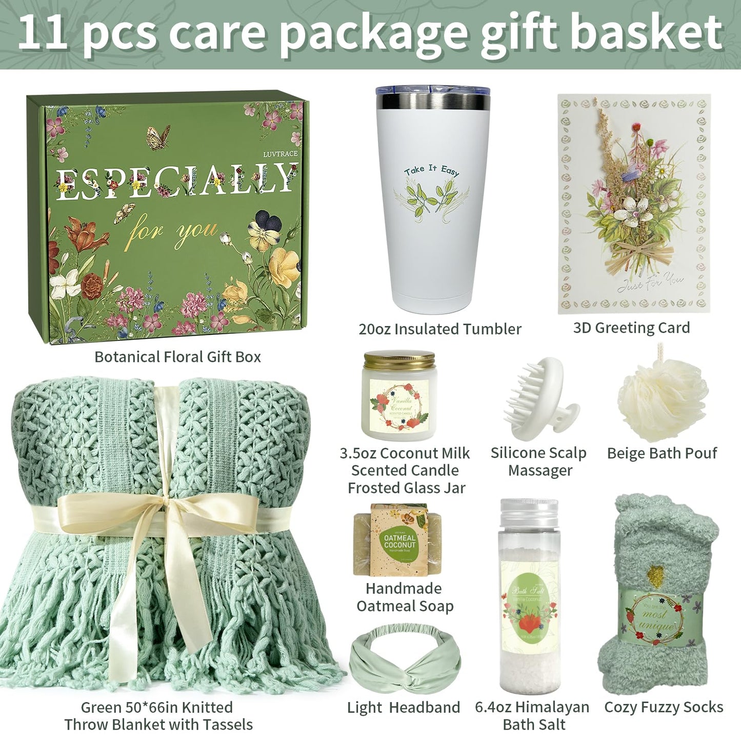 LUVTRACE Self Care Gifts for Women Spa Gift Baske Box with Blanket, Candle, Bath Salt & Tumbler — Birthday, Get Well Soon, Thinking of You, Christmas Gifts (Dark green)
