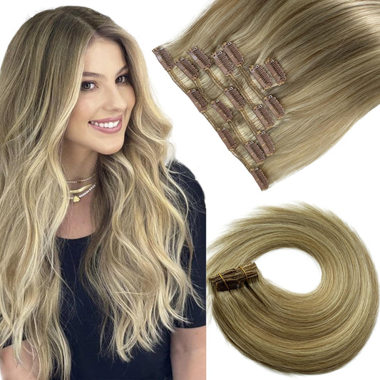 Clip in Hair Extensions Real Human Hair 14inch Ash Brown Mixed Bleach Blonde Hair Extensions Real Human Hair Clip ins 70 gram Double Weft Straight Clip in Hair Extensions