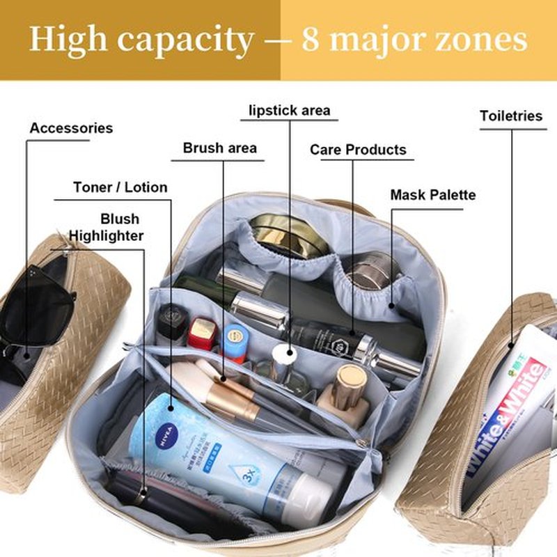 Travel Makeup Bags Cosmetic Organizer Bag: Large Capacity Make up Bag Set of 3 - Vegan Leather Toiletry Bag for Women - Portable Makeup Organizer with Compartments & Handle & Divider (04 Gold)