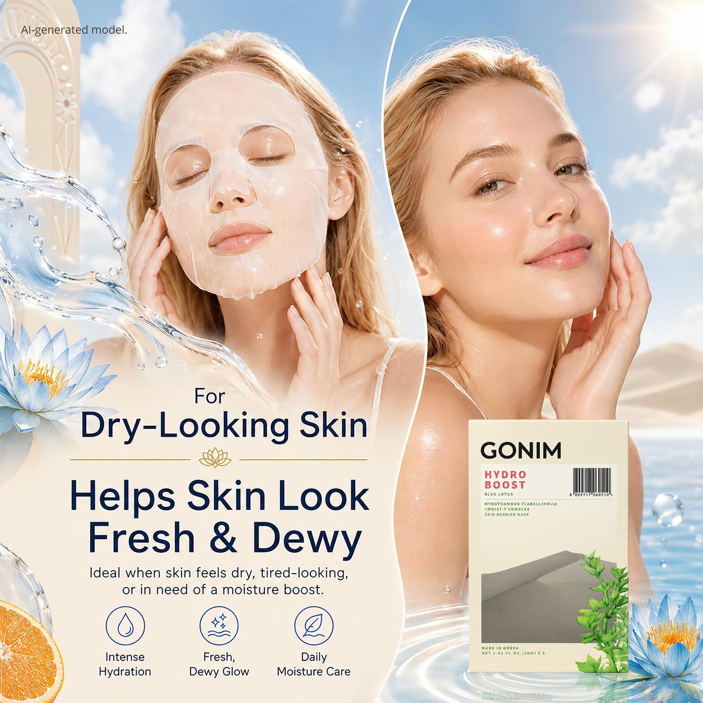 GONIM Korean Face Mask, Hydrating Face Mask with Hyaluronic Acid, Vitamin C