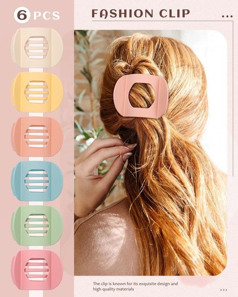 6 PCS Flat Hair Clips for Women Medium Non-slip Flat Claw Clip Strong Grip Hair Claw Clips Hair Barrettes for Thin Hair (Red Bean Paste+Pink+Green+Yellow+Blue+Off-White)