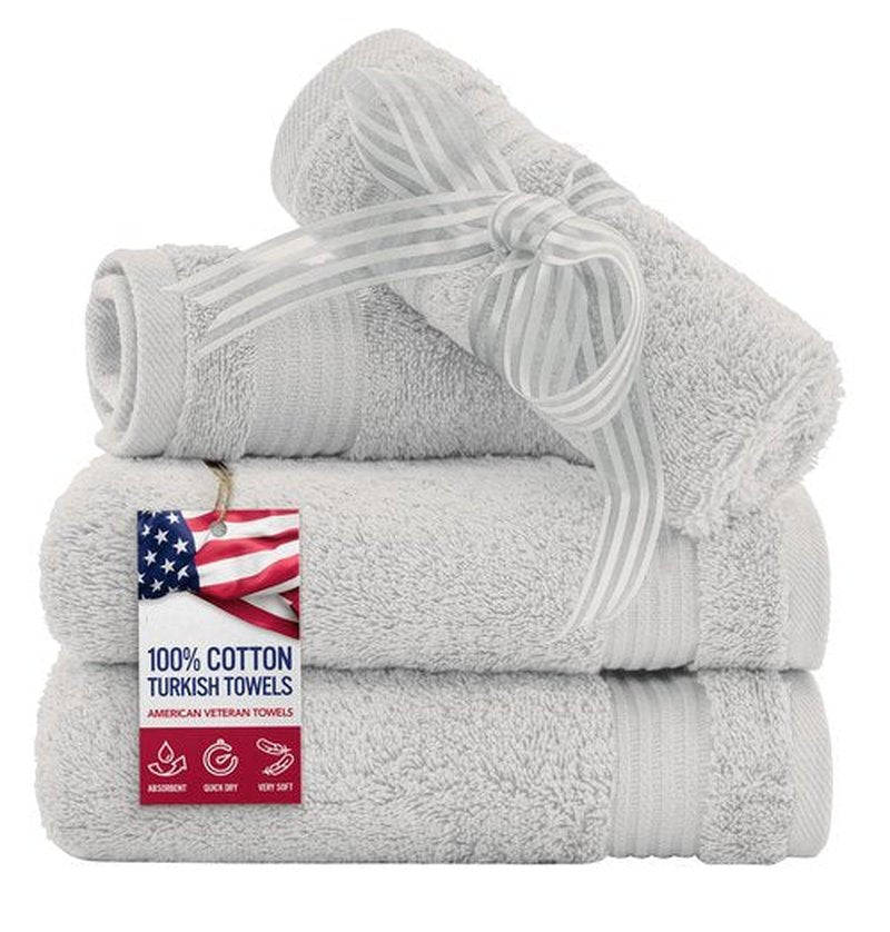 American Veteran Towel, 100% Cotton Turkish Washcloths for Bathroom Essentials 4 Pack, Soft Absorbent Wash Cloths Quick Drying Small Towels Washrags, Silver Grey