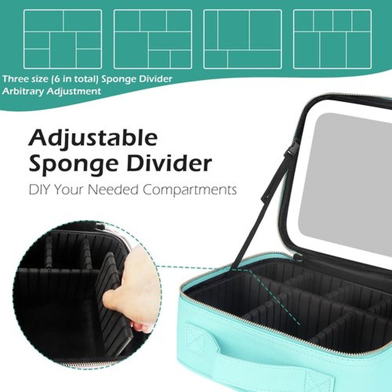 MOMIRA Makeup Bag with Mirror and Light Travel Makeup Train Case Cosmetic Bag Organizer Portable Artist Storage Bag with Adjustable Dividers Makeup Brushes Storage Organizer Aqua Blue