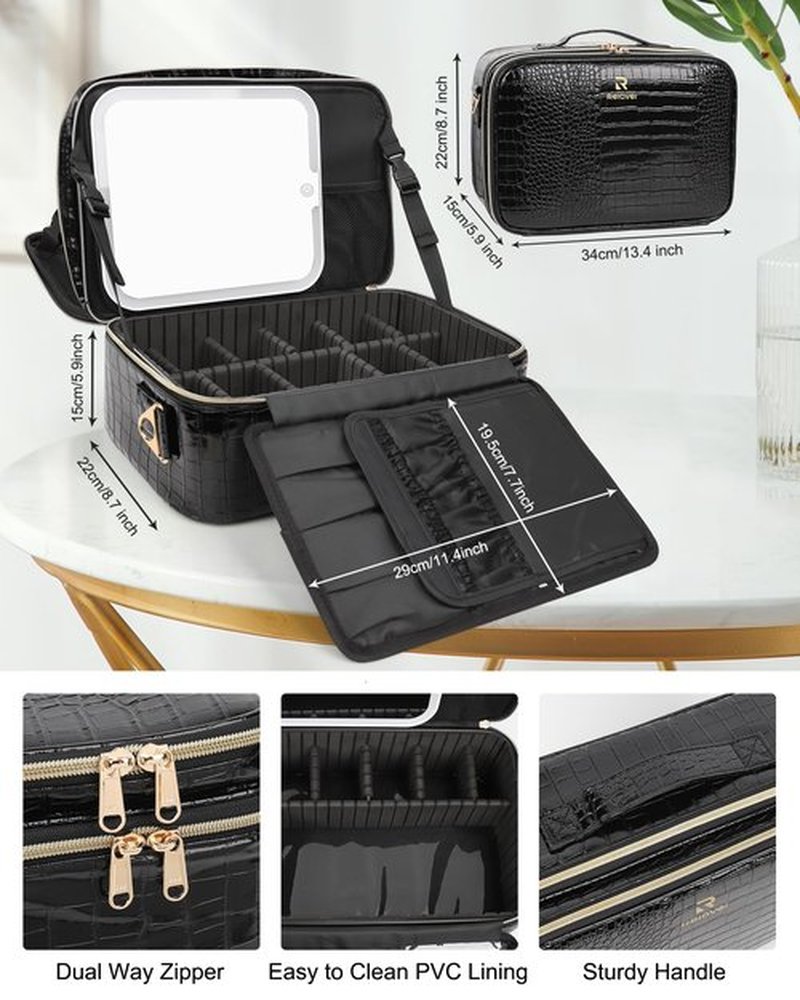 Relavel Makeup Bag with LED Mirror, Makeup Case with Lighted Mirror, Large Capacity Travel Cosmetic Train Case Organizer Box for Women, Dividers and Rechargeable Vanity Mirror (Crocodile Pattern)