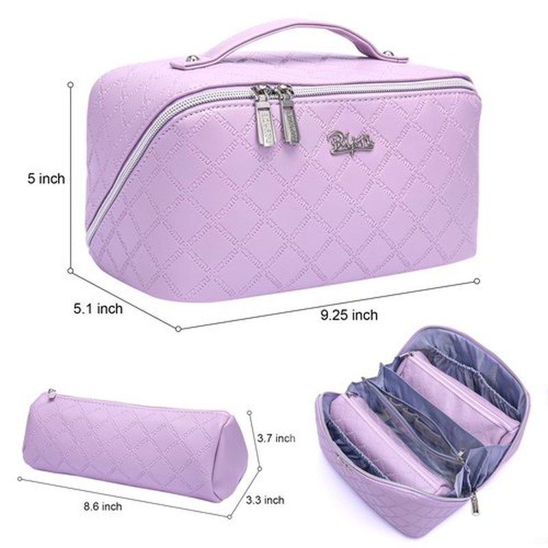 Travel Makeup Bags Cosmetic Organizer Bag: 3-Set Large Capacity Make up Bag - PU Leather Toiletry Bag for Women - Wide Open Portable Pouch with Divider & Handle (07-Purple-1)