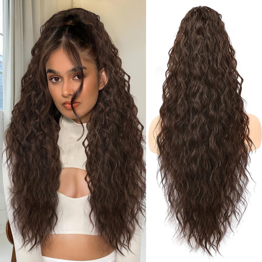 ORSUNCER Ponytail Extension Claw 26" Curly Pony Tail Clip in Claw Hair Extensions Fluffy Natural Looking Synthetic Hairpiece for Women Dark Brown