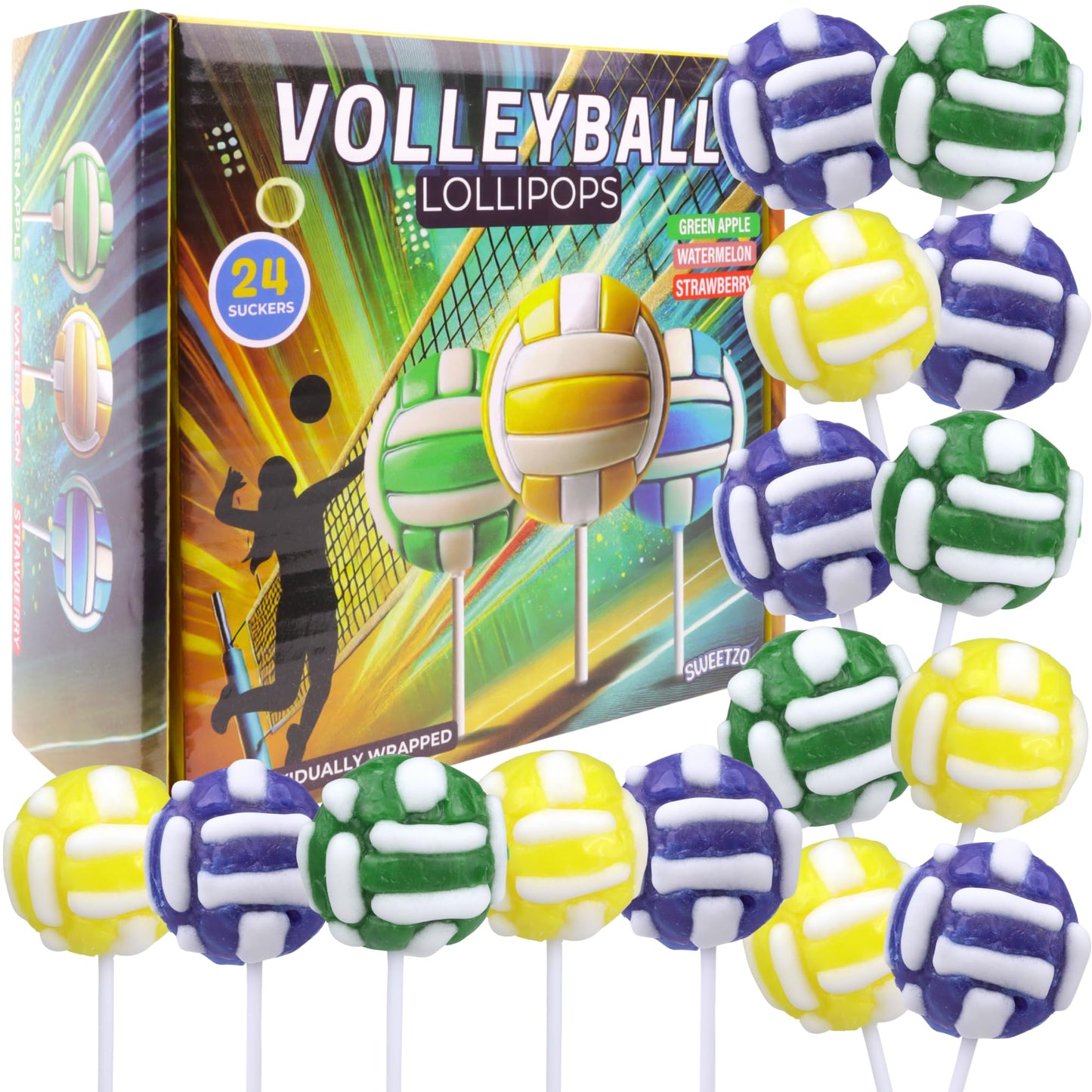 Volleyball Lollipops, 2D Suckers, Individually Wrapped Candy for End of Year Team Gifts Party Favors, Assorted Fruit Flavors, 24 Count