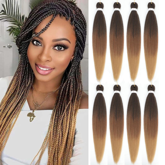 Ombre Braiding Hair Pre Stretched 26 Inches Ombre Brown 8 Packs/Lot Braid Hot Water Setting Professional Synthetic Braiding Hair for Crochet Hair Extensions (8Pcs,#1b/30/27)