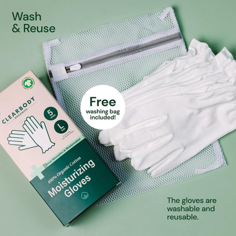 Clearbody Organics Large White Organic Cotton Gloves 5 Pairs (10 Pcs) – 100% Organic Cotton Gloves for Dry Hands –Reusable Moisturizing Gloves for Cracked Hands Repair