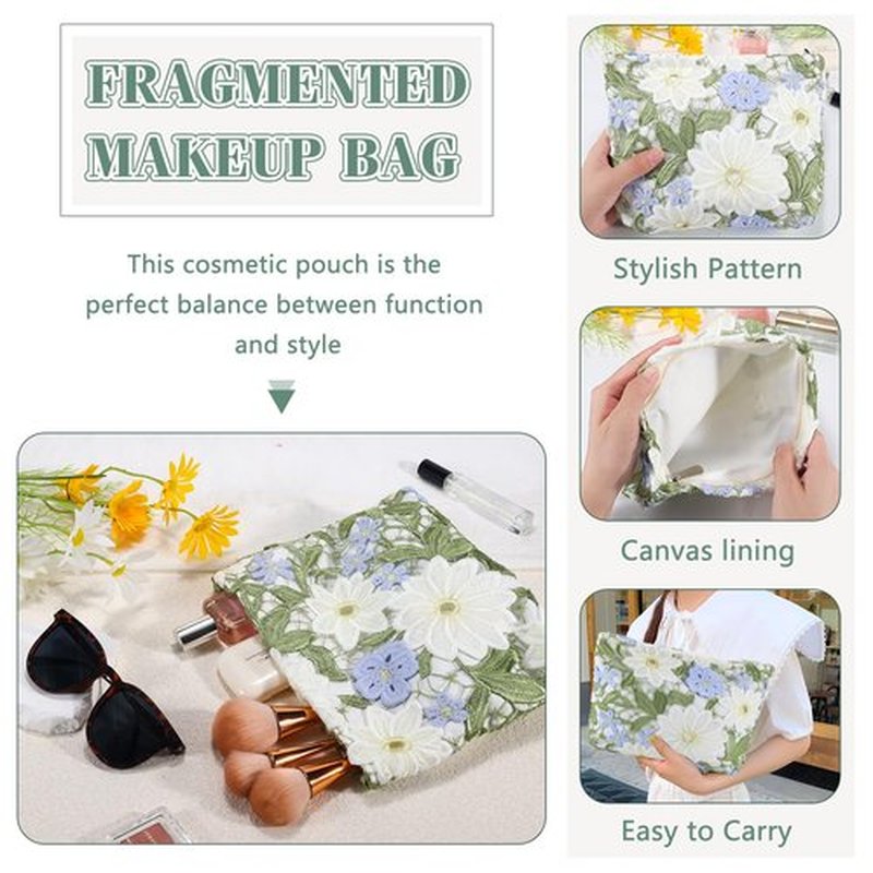 ZLFSRQ Lace Flower Makeup Bag Travel Cute Floral Cosmetic Bags for Women Large Makeup Pouch Zipper Cosmetic Pouch for Purse Aesthetic Makeup Organizer Bag Portable Toiletry Bag