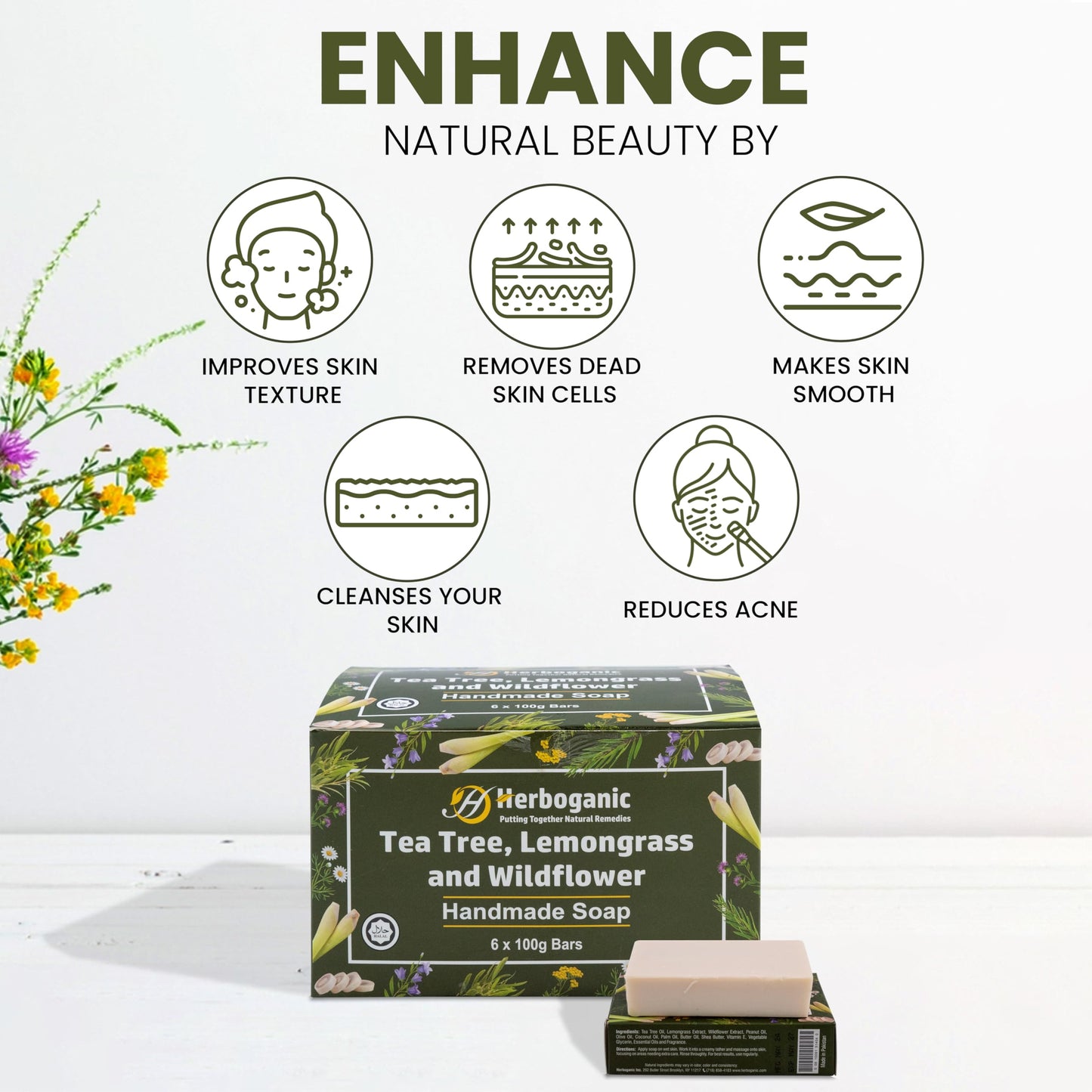 HERBOGANIC Tea Tree, Lemongrass & Wildflower Handmade Soap - Natural, Moisturizing Soap Bar for Soft and Smooth Skin with a Spa-Like Experience Pack of 1 (100g)