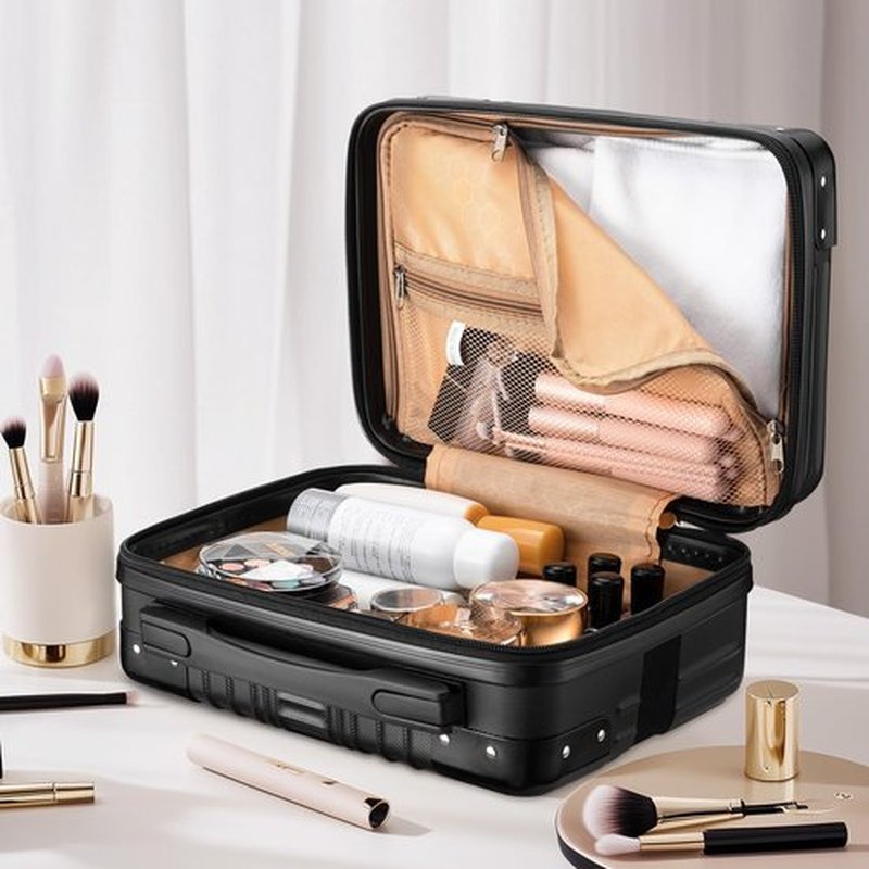 Noverlife Portable Hard Shell Cosmetic Travel Case 12 Inch, Mini Travel Hand Luggage with Elastic Band Travel Makeup Case, Small Makeup Carrying Suitcase for Train Cosmetic Bag Travel Camping - Black