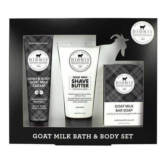 Dionis Goat Milk Shave Butter & Lotion Set | Cedarwood & Sea Salt, 3-Piece Gift Set