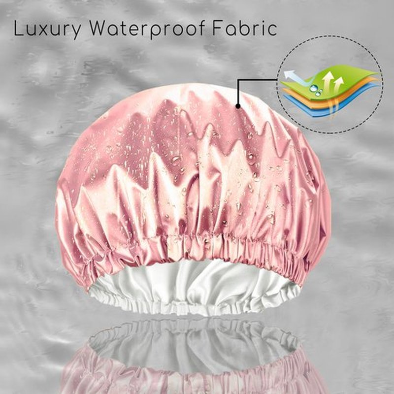Amamba Shower Cap,100% Real Satin Lined Shower Cap,Extra Large Shower Cap for Women Reusable Waterproof,Adjustable Size&Long Hair Bath Caps（Pink）