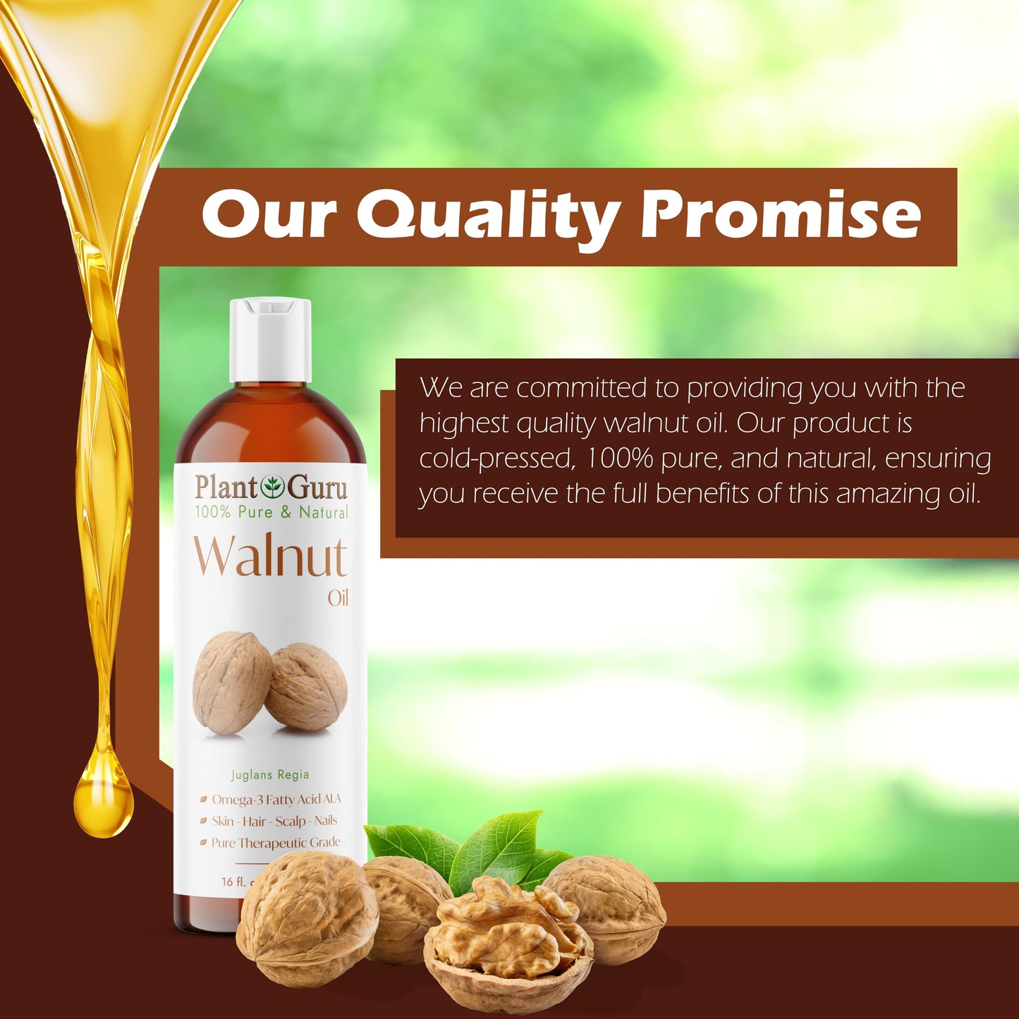 Plant Guru Walnut Oil 16 fl. oz. - Cold Pressed 100% Pure Natural - Skin, Body, Face, and Hair Growth Moisturizer. Great For Creams, Lotions, Lip balm and Soap Making.