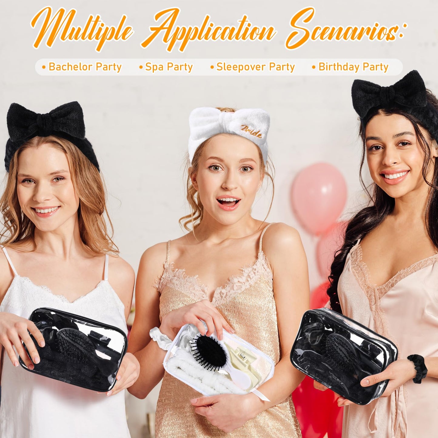 Wavyknot 40 Pcs Bachelorette Party Favor Set Include Headband Scrunchies Hair Claw Clips Hairbrush and Makeup Bag for Bridal Shower Party Gifts Bridesmaid Wedding Supplies(White and Black)