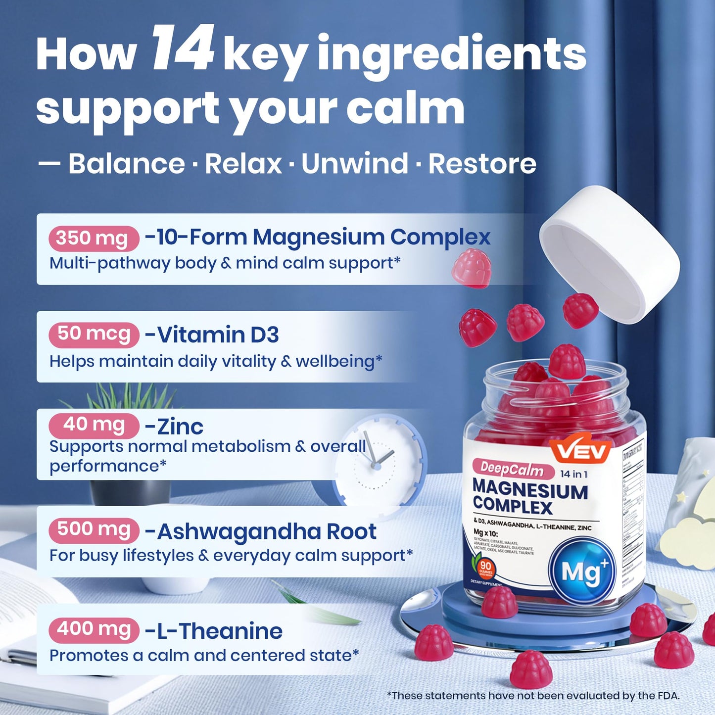VEV Deep Calm Magnesium Complex 14-in-1 Gummies – 90 Count (Pack of 1) – with D3, Ashwagandha, L-theanine, Zinc – No Added Sugar Vegan Glycinate Gummies – Magnesium Complex for Women and Men