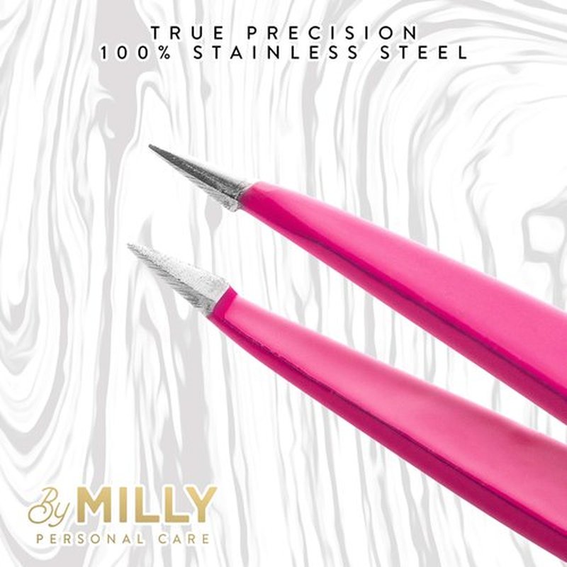 By MILLY Pointed Tweezers | High Carbon Stainless Steel Needle Nose Tweezers | Fine Point Tweezers Precision Hair Removal | Perfectly Aligned & Hand-Filed Sharp Tweezers | Pink