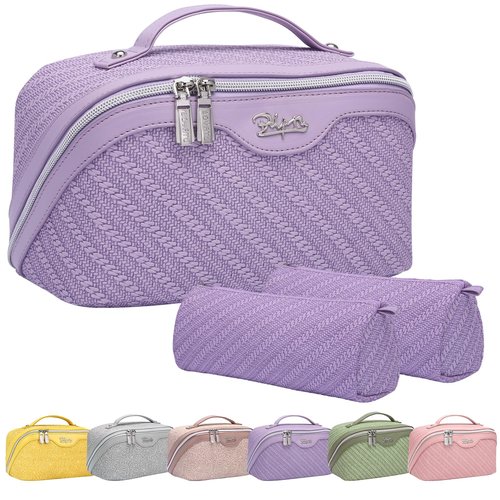 Travel Makeup Bags Cosmetic Organizer Bag: Large Capacity Make up Bag Set of 3 - Vegan Leather Toiletry Bag for Women - Portable Makeup Organizer with Compartments & Handle & Divider (3 Purple)