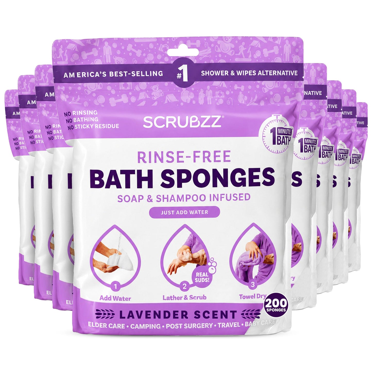 Scrubzz Disposable No Rinse Bathing Wipes - All-in-1 Single Use Shower Wipes, Simply Dampen, Lather, and Dry Without Shampoo or Rinsing (Lavender, 8-Pack)
