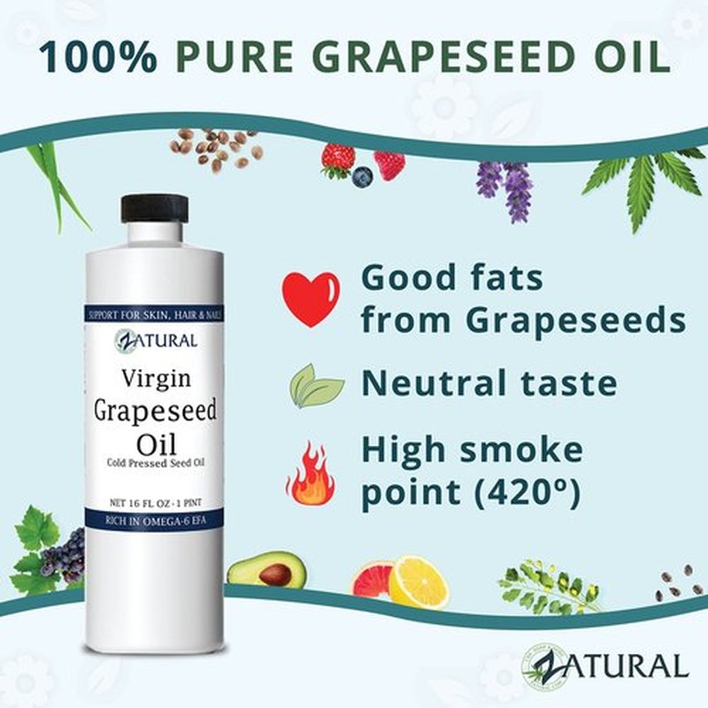 Zatural Grapeseed Oil Organically Grown 100% Pure Cold Pressed Virgin High Tempurature Cooking Oil (16oz)