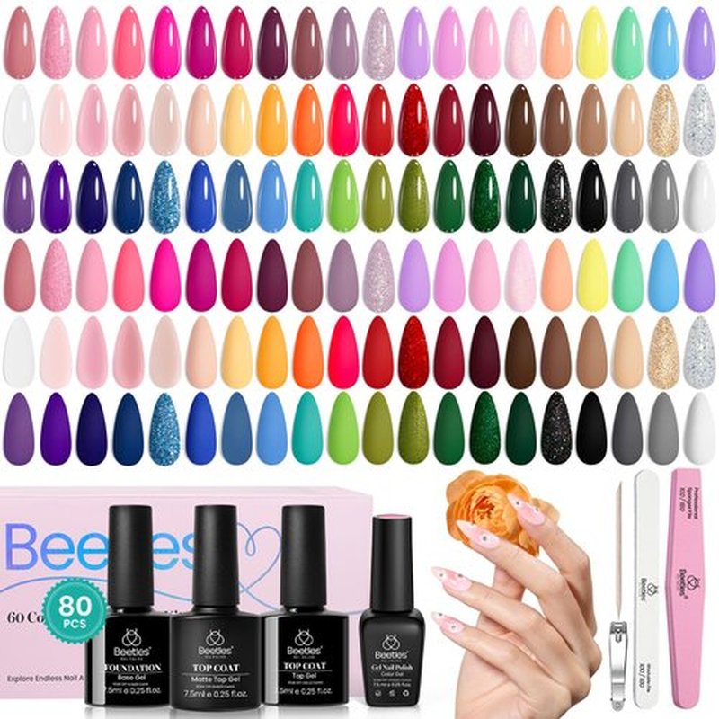 Beetles Gel Nail Polish Set, 70 PCS 60 Colors Red Green Pink Brown Blue Nude Pastel Glitter Gel Nail Polish Kit with Base Glossy & Matte Top Coat Gel Polish Manicure Spring Valentines Gifts for Women