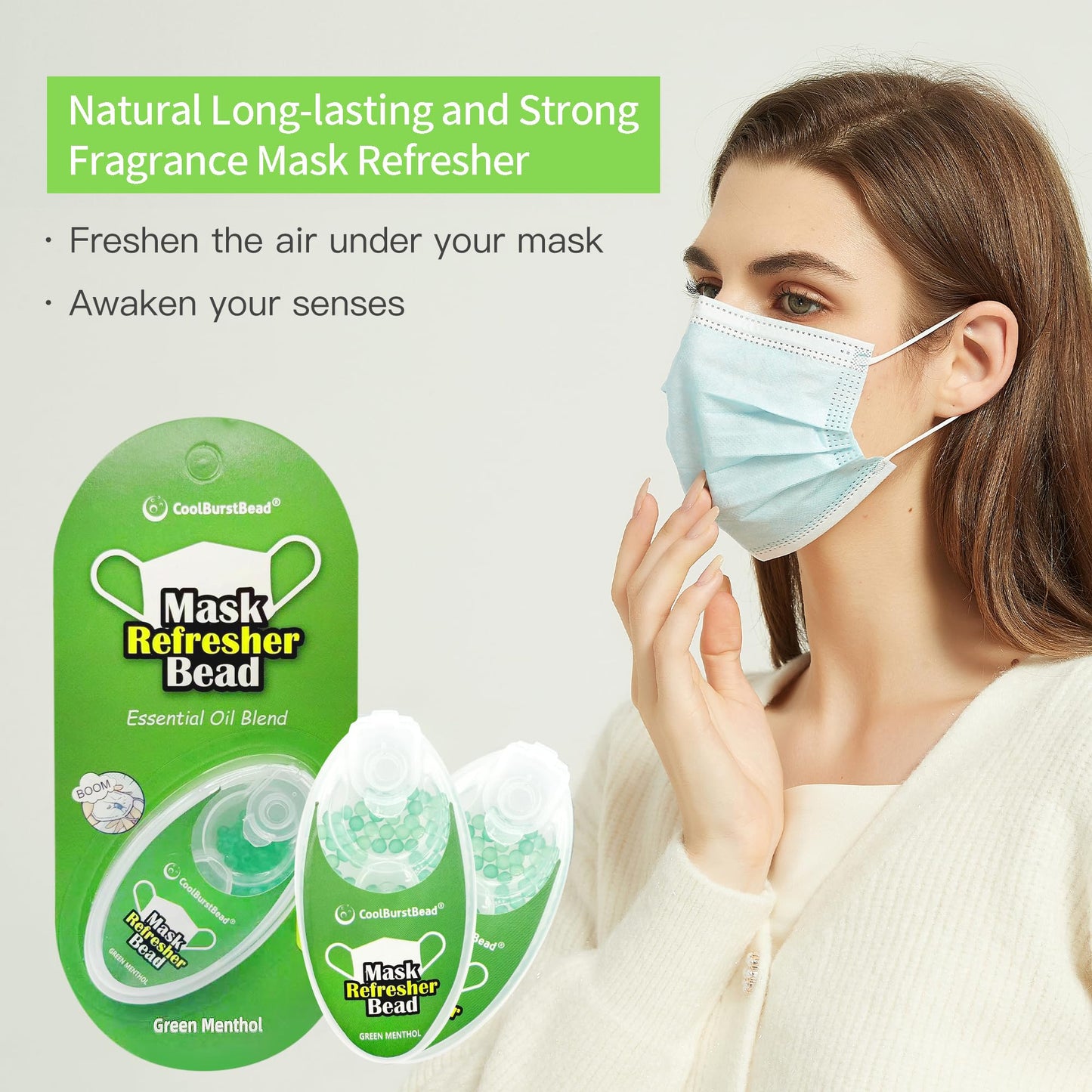 CoolBurstBead Menthol Beads for Face Mask Refresher, Long-Lasting & Strong Refreshing Fragrance, with Natural Essential Oils from Herbs and Plants (100 beads/pack), Pack of 2, Green Menthol