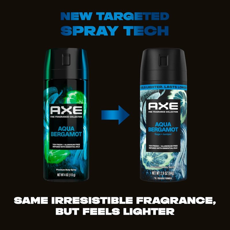 Axe Body Spray Aqua Bergamot - 72 Hour Freshness, Aluminum-Free, 2.9 oz